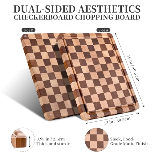 WILLKOMMEN Checkered Cutting Board for Kitchen– Wood Checkerboard End Grain Chopping Board 1" Thick Butcher Block with Juice Groove & Handle, Reversible for Cooking and Serving (Rectangular) - style: Rectangle Checkerboard-1 pack