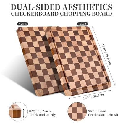 WILLKOMMEN Checkered Cutting Board for Kitchen– Wood Checkerboard End Grain Chopping Board 1" Thick Butcher Block with Juice Groove & Handle, Reversible for Cooking and Serving (Rectangular) - style: Rectangle Checkerboard-1 pack