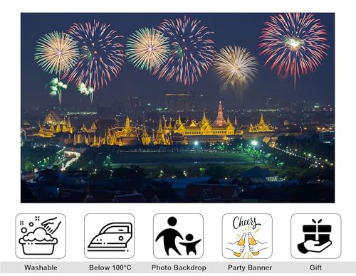 8x6ft Bright Fireworks Display Backdrop Night Photography Background for New Year Celebration and Party Decorations Tapestry Photo Booth Props - size: 8x6ft