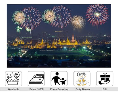8x5ft Bright Fireworks Display Backdrop Night Photography Background for New Year Celebration and Party Decorations Tapestry Photo Booth Props - size: 8x5ft
