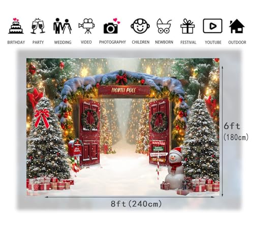 8x6ft Fabric Christmas Backdrop Winter Forest Wooden Barn Door North Pole Snowy Xmas Tree Photography Background Family Holiday Party Decor Photo Props 346 - size: 8x6ft