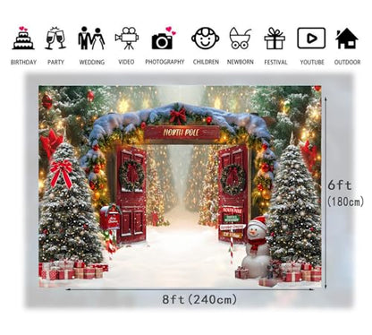 8x6ft Fabric Christmas Backdrop Winter Forest Wooden Barn Door North Pole Snowy Xmas Tree Photography Background Family Holiday Party Decor Photo Props 346 - size: 8x6ft