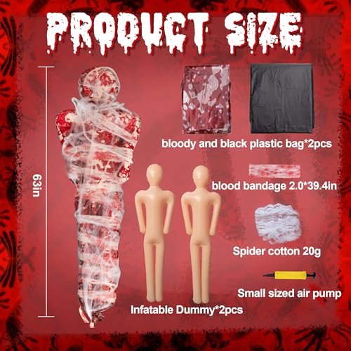 2 Sets Halloween Hanging Cocoon Corpse, 64'' Bloody Inflatable Cocoon Outdoor Decoration Set with Bandage, Scary Dead Body Prop Decor for Outdoor Halloween Party House Yard (Black,Red) - color: Red-Black