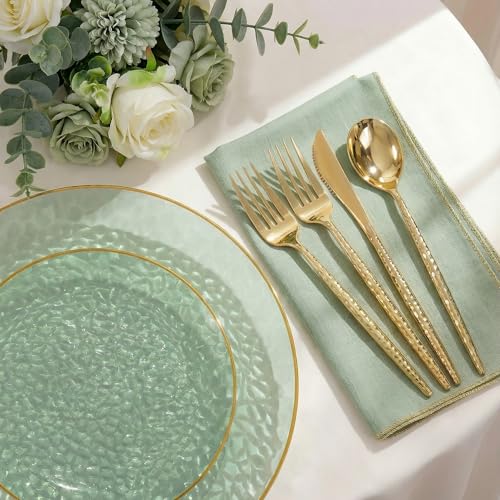 I00000 150Pcs Clear Green Plastic Plates with Gold Rim,Green Disposable Plates,Clear hammer patterned plates Set include 30 Dinner Plate,30 Dessert Plate,90 plastic Silverware Set for Party - color: Clear Green