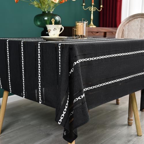 NEWISHER Rustic Farmhouse Embroidered Square Tablecloth Jacquard Striped Table Cloth Linen Texture Washable Dining Table Cover Kitchen Dining Home Decoration Black 52x52 inch - color: Black, size: 52" x 52" (Square)