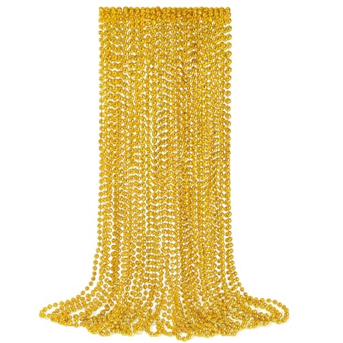 YAXINRUI 12 PCS Gold Bead Necklaces, Christmas Bead Necklaces, Gold Mardi Gras Beads, 33 Inch Round Beaded Necklaces for Mardi Gras Party Christmas New Year Eve Festive Events, Party Favors - color: Gold, size: 12 Pcs
