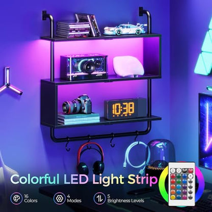 HOOBRO Floating Shelves with LED Lights, 29.5" LED Wall Mounted Gaming Shelf, 3-Tier Pipe Display Rack with Hanging Rod and 4 S-Hooks, for Storage Livingroom, Bedroom, Kitchen, Black BB21DBJ01 - color: Black