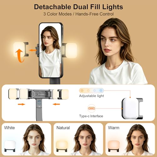63" Tripod for iPhone with Light Remote, Detachable Phone Holder, Auto Face Tracking Tripod for Travel, Lightweight Selfie Stick Tripod for Video Recording, Compatible with Phone/Action Camera - size: Tripod With 2 Mini Square Lights