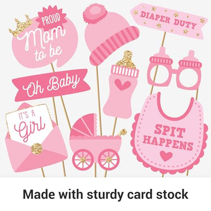 Fully Assembled Baby Shower Photo Booth Props - Set of 30 - Girl Baby Shower Selfie Signs - Pink Party Supplies & Decorations - with Real Gold Glitter - Did We Mention No DIY