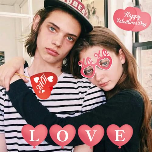 Valentine's Day Photo Booth Props Selfie Photobooth Props for Photoshoot Funny Masks Love Heart Glasses Mustache Backdrop Decorations Supplies Wedding Party DIY Posing Signs Favor 25 Pcs