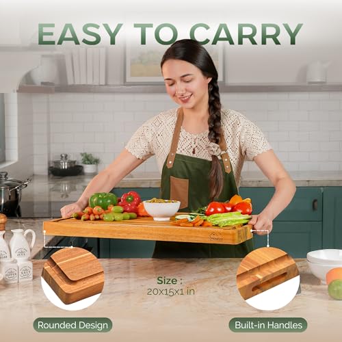 Howizz Acacia Wood Large Cutting Board, Thick Edge Grain Solid Wood Butcher Block For Kitchen, Non Toxic Pre-Oiled Carving Tray w/Juice Grooves and Easy Grip Handle, 20"x15" Thick 1" Gift-Ready Box - color: 1-Edge Grain 1in, size: 20"L x 15"W
