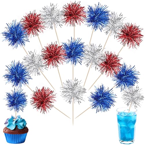 30 PCS Foil Firework Cupcake Toppers Sparkle Tinsel Cupcakae Picks 4th of July Decorations Cocktail Fruit Toothpick for Fireworks Theme Birthday Wedding Graduation Party Decor Supplies Blue Red Silver - color: Z-blue Red Silver