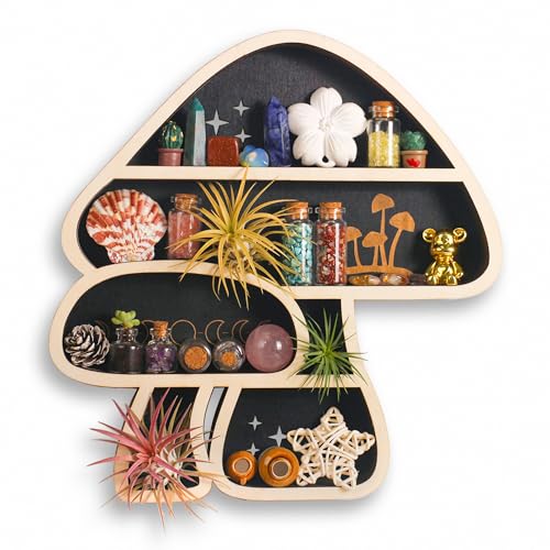 Cute Mushroom Decor, Wooden Floating Mushroom Shelf for Wall, Crystal Display Shelf Rock Gem Stone Display Shelf Wall Mounted - color: 2 Mushrooms
