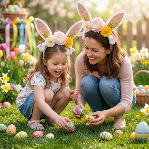 Easter Bunny Ear Headband with Floral Decorations, Glitter Rabbit Ears Hair Hoop for Women and Girls, Spring Party Hair Accessories for Photo Props,Cosplay - color: Pink