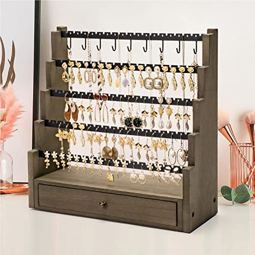 Pinzoveco Earring Organizer, 5 Layer Earring Holder Organizer with Necklace Holder Pole, Rustic Wood Jewelry Organizer Stand Display for Stud Earring Bracelet Necklace Ring, 175 Earring Holes - color: Gray