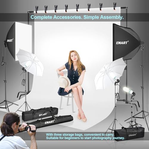 EMART Photography Lighting Kit, Softbox Lighting Kit with Background and Umbrella, 3 Color Green/White/Black Screen Backdrop Stand,Photo Studio Equipment for Video Shoot or Product Photography