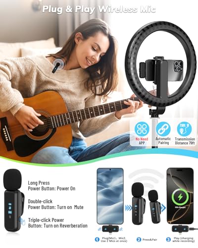 Yeaki Vlogging Kit for iPhone/Android - 10" Selfie Ring Light with 74" Tripod Stand & Phone Holder, Tripod for iPhone with Light and Microphone, YouTube Starter Kit for TikTok/Makeup/Content Creator