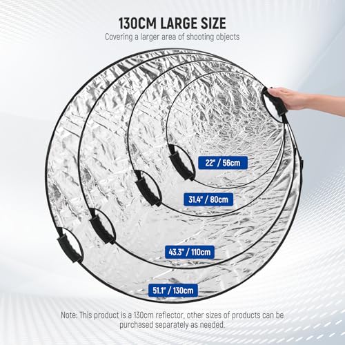 NEEWER 51"/130cm Light Reflector with Handle Grip & 3/8" Thread, 5 in 1 Foldable Disc Light Diffuser Translucent/Silver/Gold/White/Black for Photography Lighting, Outdoor Lighting, RF-130II - style: 130cm