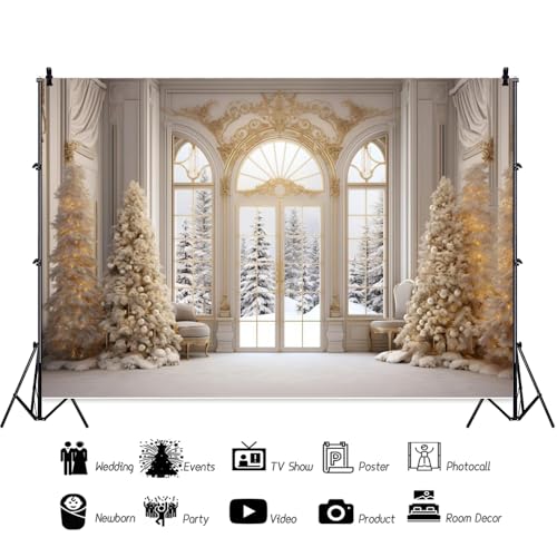 Elegant Christmas Backdrop 12x8ft Fabric Christmas Backdrops for Photography Winter Party Decoration Backdrop Winter Snowscape Window Photos Family Xmas Pictures White Xmas Background ﻿ - size: 12x8ft