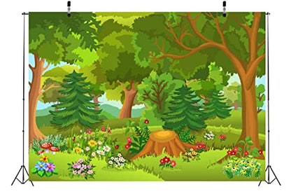 BELECO 12x10ft Fabric Cartoon Forest Backdrop Fairytale Forest with Flowers Mushroom Phtography Backdrop for Birthday Party Decoration Baby Shower Kids Game Photoshoot Photo Background Props - size: 12x10FT