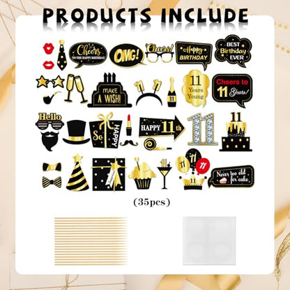 INNORU 11th Birthday Photo Booth Props, Kids Birthday Photoshoot Funny Birthday Party Photography Props Favor Eleven Years Old Centerpiece Sticks Decorations Black & Gold 35 PCS - size: 11