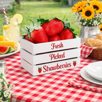 Maitys Strawberry Table Decor, Rustic Summer Tiered Tray Decor Mini Wooden Crate with 8 Fake Strawberry, Farmhouse Table Centerpiece Berry Decoration for Kitchen Mantel Shelf, Baby Shower Party Supply