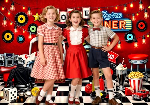 5X3ft Vintage 1950s Backdrop Retro 50s Drive in Movie Rock and Roll Photography Background 50s Theme Party Banner Decorations Adult Kids Portrait Video Photo Shoot Props - color: Multi4, size: 5x3ft