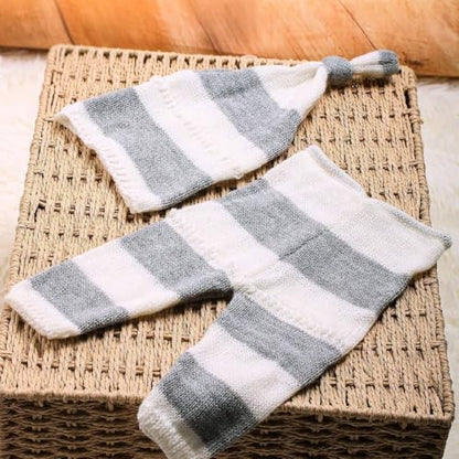 Newborn Baby Photo Shoot Props Girl Boy Crochet Knit Hat Costume Stripe Hat Pants Overalls Photography Props - color: White B