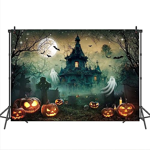 Mocsicka Halloween Backdrop 7x5ft Scary Castle Haunted House Graveyard Wall Backdrop for Photography Bat Horror Moon Night Party Decorations Banner Photo Booth Props - size: 7x5ft