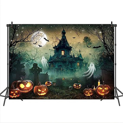 Mocsicka Halloween Backdrop 7x5ft Scary Castle Haunted House Graveyard Wall Backdrop for Photography Bat Horror Moon Night Party Decorations Banner Photo Booth Props - size: 7x5ft