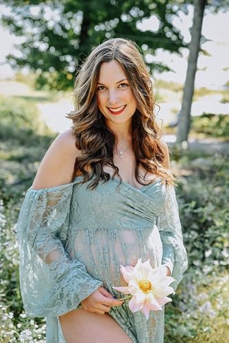 Saslax Soft Stretchy Lace Off Shoulder Doubly Split A-line Skirt Maternity Dress Pregnancy Maxi Gown for Photoshoot - color: Sage, size: Small