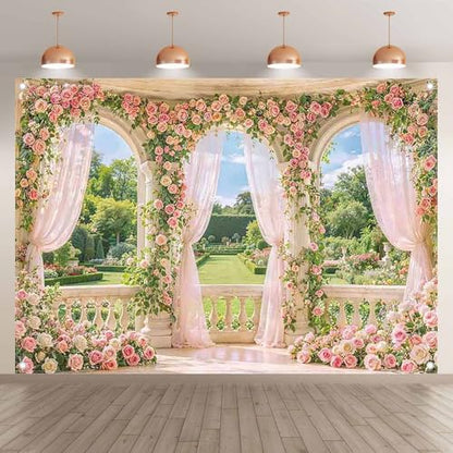 Fabric 7x5ft Spring Window Scenery Photography Backdrop Pink Flowers Rose Graden Background Girl Princess Wedding Bridal Shower Birthday Party Decorations Photo Props - size: 7'x5'