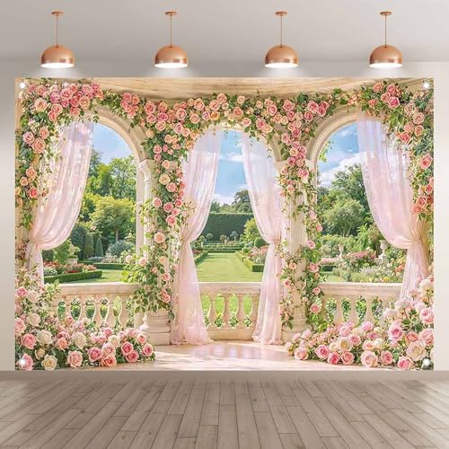 Fabric 7x5ft Spring Window Scenery Photography Backdrop Pink Flowers Rose Graden Background Girl Princess Wedding Bridal Shower Birthday Party Decorations Photo Props - size: 7'x5'