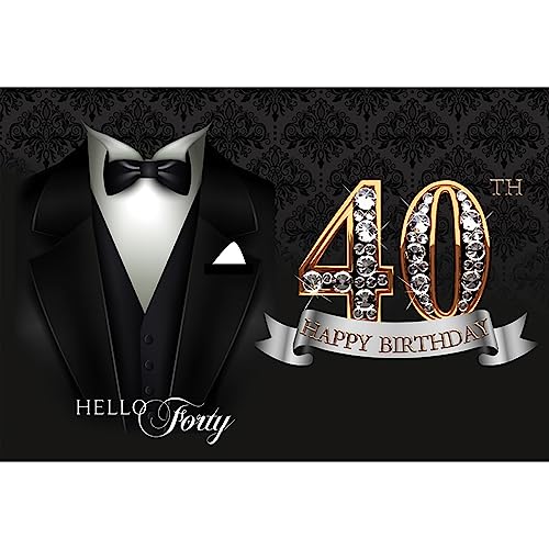 5x3ft Hello Forty Tuxedo Backdrop Gentleman Black Suit Necktie Tuxedo Black Gold 40th Happy Birthday Photography Background for Man 40th Birthday Party Decor Cake Table Banner Photo Props - color: black gold 40, size: 5x3ft
