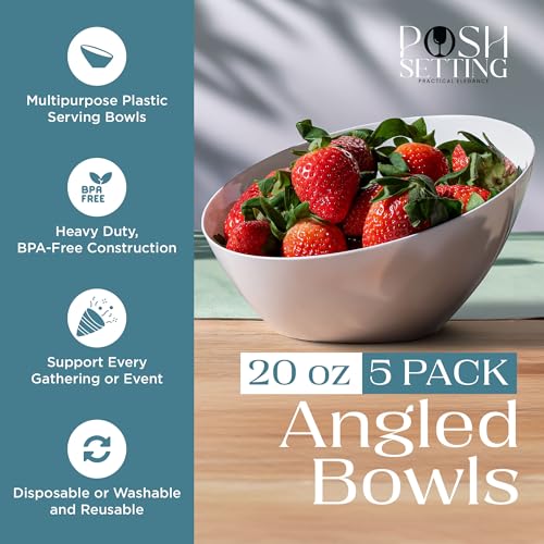 Posh Setting - White Plastic Serving Bowls for Party Angled Bowls Disposable Chip Bowls Candy Bowls for Party Table Salad and Fruit Bowls for Wedding Serving Bowls-White, 20 OZ, 5 Pack - color: White, size: Medium 20 OZ