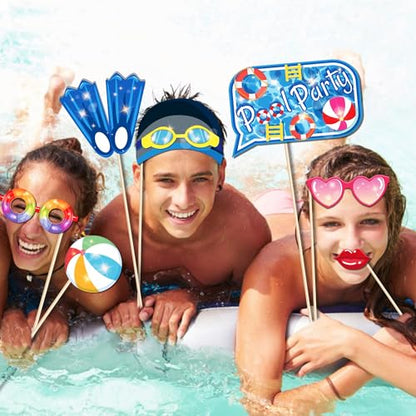 25Pcs Pool Photo Booth Props with Stick, Beach Theme Selfie Props, Summer Birthday Party Supplies, Swimming Photography Backdrop Decorations