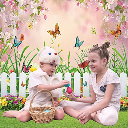INRUI Spring Easter Garden Photography Backdrop Green Grass Lawn Floral Butterfly Fence Baby Shower Birthday Party Decorations Banner (6x8FT) - size: 6x8FT