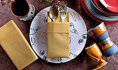 Moyes Home Gold Disposable Dinner Napkins with Pocket - Linen-Feel Pre-Folded Cloth-Like Paper Napkins for Silverware, Weddings, Dinner Parties, 16x16 in, Pack of 50 - color: Gold