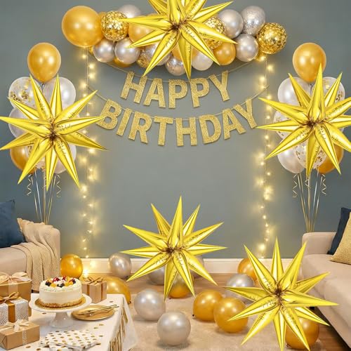 Gold Star Balloons - 74 Pcs Big 26 Inch Mylar Spike Balloons, 12 Point Star Explosion Foil Cone Balloon for Birthday, Wedding, Graduation, New Years, Party Supplies - color: Gold Star Cones, 26 Inch