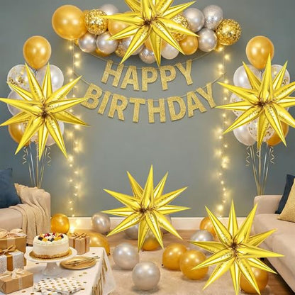 Gold Star Balloons - 74 Pcs Big 26 Inch Mylar Spike Balloons, 12 Point Star Explosion Foil Cone Balloon for Birthday, Wedding, Graduation, New Years, Party Supplies - color: Gold Star Cones, 26 Inch