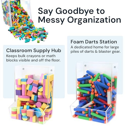 SimplyImagine Single Acrylic Toy Dispenser for Kids - High-Volume Toy Foam Blasters, Car & Building Block Storage Bin - Wall Mount or Countertop Clear Hanging Organizer for Nursery & Playroom - size: Single Divided