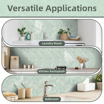 Tilingview 10-Sheet Peel and Stick Backsplash Tile for Kitchen, Self-Adhesive Mosaic Glossy Leaf Stick on Wall Tile with Gaps (Light Green) - color: Leaf Gaps Light Green