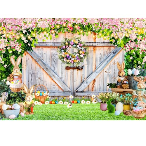 Easter Photo Backdrop for Photography, Spring Rustic Barn Door Theme Backdrops for Photoshoot, Bunny Eggs Green Easter Family Party Decorations 10x8ft - color: Green, size: 10x8 FT