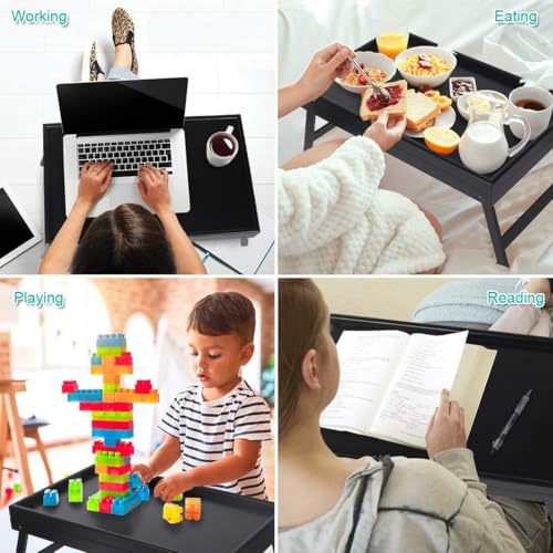 Artmeer Bed Tray Table Breakfast Food Tray with Folding Legs Kitchen Serving Tray for Lap Desks Notebook Computer Bed Platters TV Snack Tray, Adjustable (Black) - color: Black, size: Large