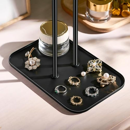 pickpiff Necklace Holder Jewelry Organizer Stand – 2‑Tier T‑Bar Jewelry Display Tree with Tray for Countertop Necklace Bracelet Earring Storage, Vanity Dresser Bathroom Sink, Black - color: Black