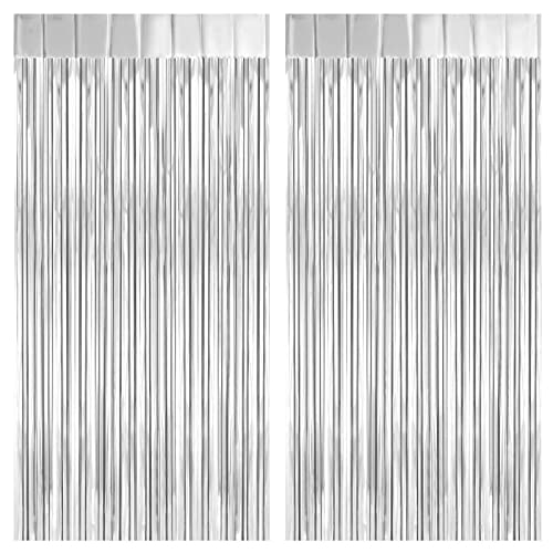 2 Pack Silver Foil Fringe Curtain Backdrop, 3.2Ft x 8.2Ft Metallic Tinsel Foil Fringe Streamer Curtains for Party Photo Booth Props Bachelorette Birthday Bridal Shower Christmas Decorations - color: Metallic Silver