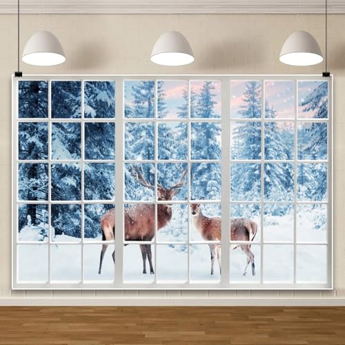 5x3ft Winter Snow Reindeer Photo Backdrop Snow Forest Window View Photography Backdrop Snow Background Photo Prop Christmas Winter Tapestry for Wall Decor - size: 5x3ft-Polyester