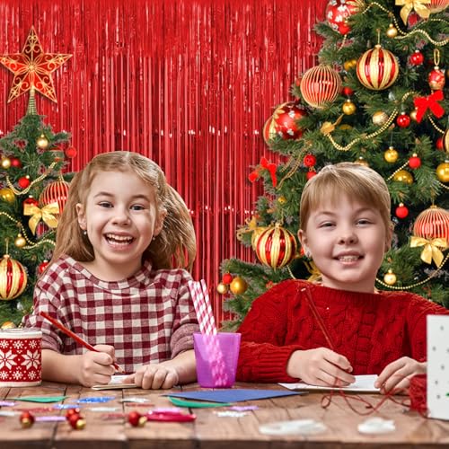 5 Pack Red Fringe Backdrop Curtains 3.2ft x 8.2ft Tinsel Foil Fringe Curtains Tinsel Backdrop Streamers for Birthday Party Decoration Christmas New Year Party Decorations (Red) - color: Red