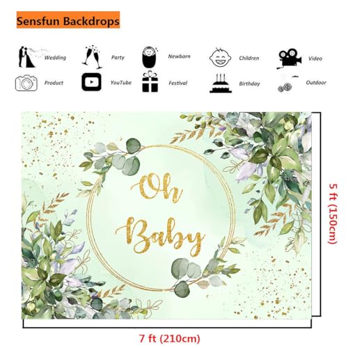 Sensfun Sage Green Baby Shower Backdrop Neutral Greenery Eucalyptus Oh Baby Baby Shower Banner Decorations Photography Background for Boy Girl Gender Reveal Party Decor Supplies Photo Booth Prop 7x5ft - size: 7x5ft