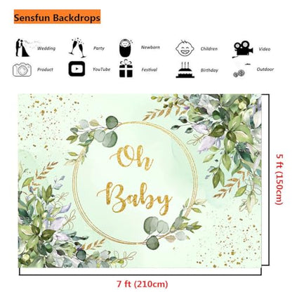 Sensfun Sage Green Baby Shower Backdrop Neutral Greenery Eucalyptus Oh Baby Baby Shower Banner Decorations Photography Background for Boy Girl Gender Reveal Party Decor Supplies Photo Booth Prop 7x5ft - size: 7x5ft